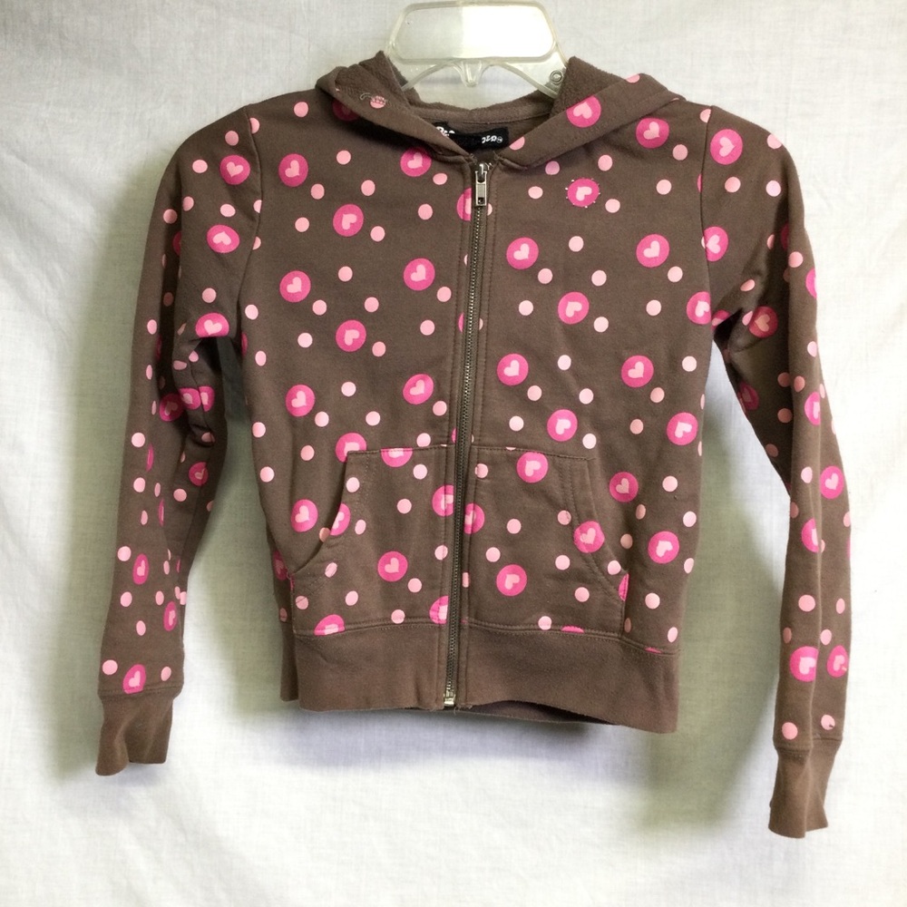 Planet Gold Girls Brown Zip-Up Hoodie Pink Hearts & Polka Dots Sz M 10-12